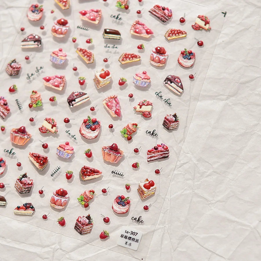 1pcs Cute 5D Jelly Nail Stickers Dessert Fruit Cherry Pink Claw Print Bowknot Love Nail Art Sticker Adhesive Manicure Decals DIY