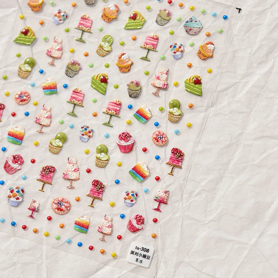 1pcs Cute 5D Jelly Nail Stickers Dessert Fruit Cherry Pink Claw Print Bowknot Love Nail Art Sticker Adhesive Manicure Decals DIY