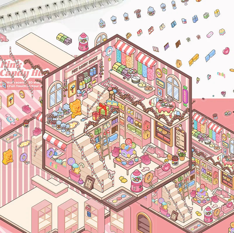 3D Cartoon Landscape Stickers Pink Candy House Miniature World 3D Small House Decompression DIY Scene Hand Account Stickers