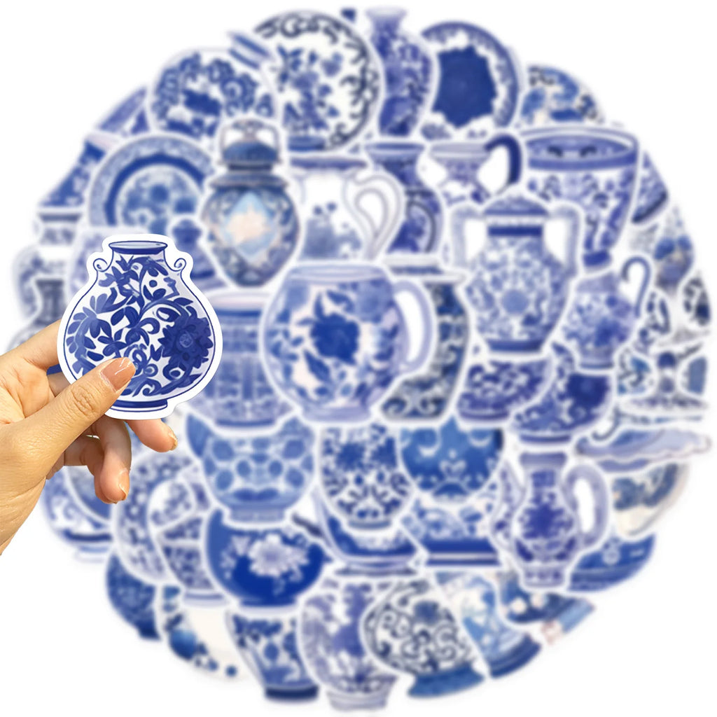 50PCS Cartoon Blue and White Porcelain Stickers Personalized Decoration Guitar Notebook Luggage DIY Waterproof Stickers