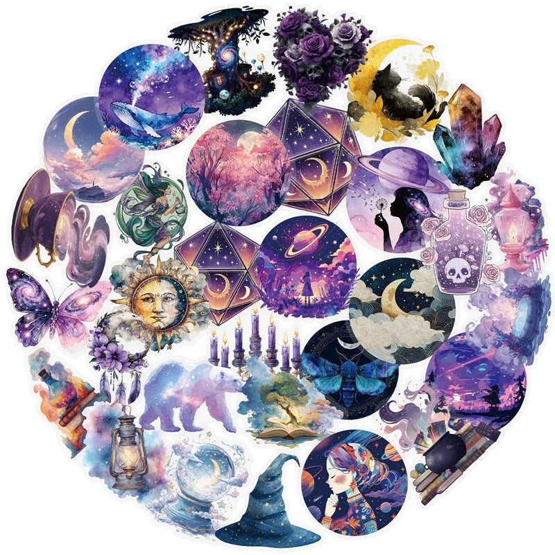 56PCS Kawaii Purple Magic PET Sticky Sticker Aesthetic Tear Open DIY Decoration Scrapbooking School Stationery Supplies