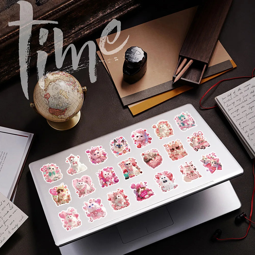 50-Pack Pink Valentine's Day Cat Doodle Stickers Waterproof Cute Decorations for Water Bottle Guitars Mobile Tablet Luggage