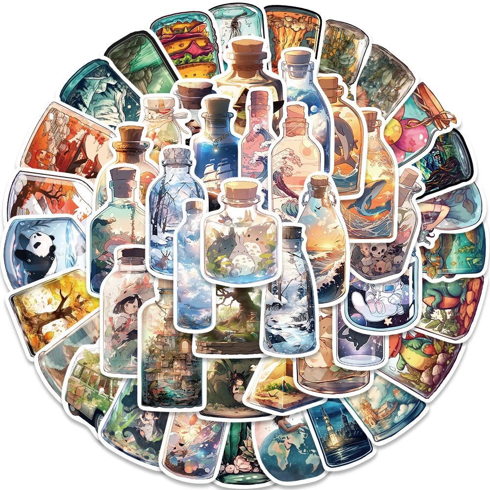 50PCS Stickers The World in a Bottle Print Harajuku Nostalgia Cartoon Coffee Laptop Skateboard Luggage Art Aesthetic Sticker ﻿