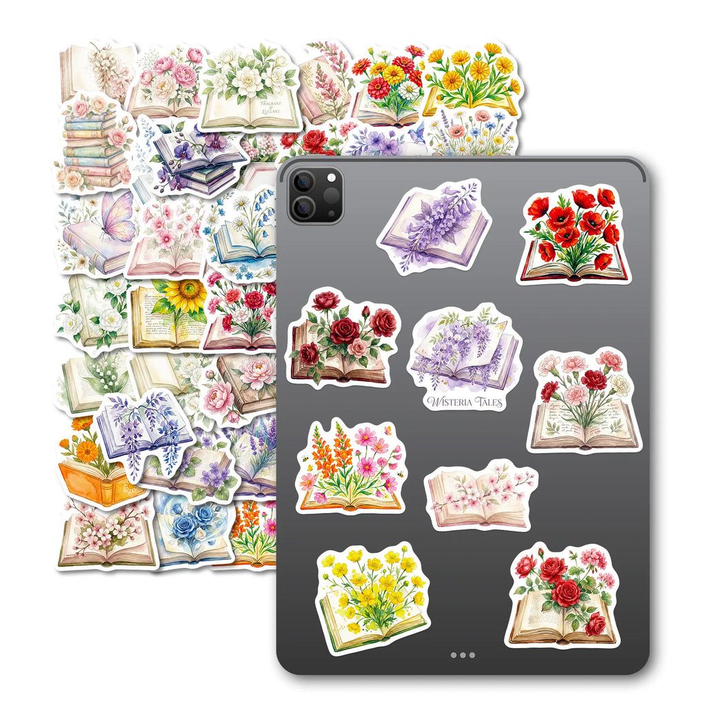 56-Pack Books & Flowers Waterproof Graffiti Stickers for Luggage Skateboards Journals And More