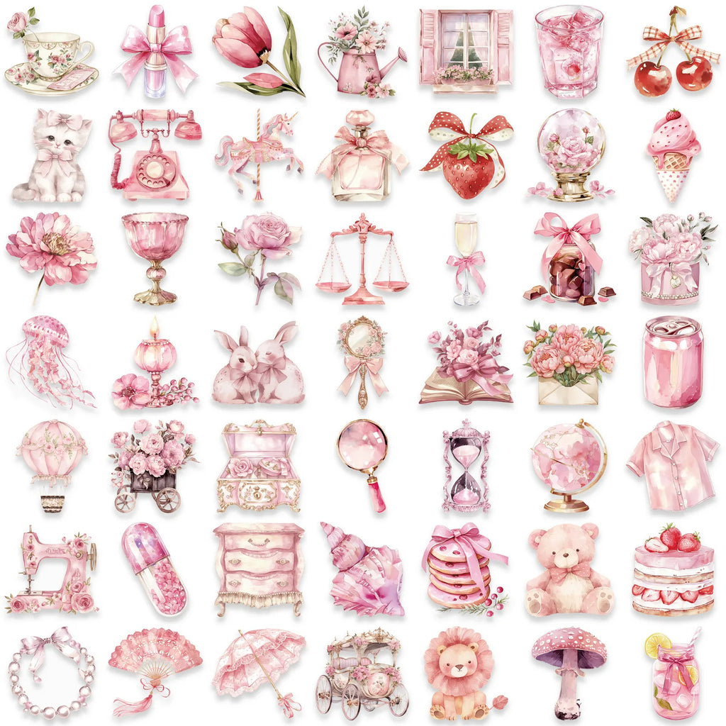 50Pcs Pink Fairy Tale Sticker Pack Transparent PET Phone Case Back Decor ,DIY Scrapbook, Journaling, Laptop, Bumper, Skateboard