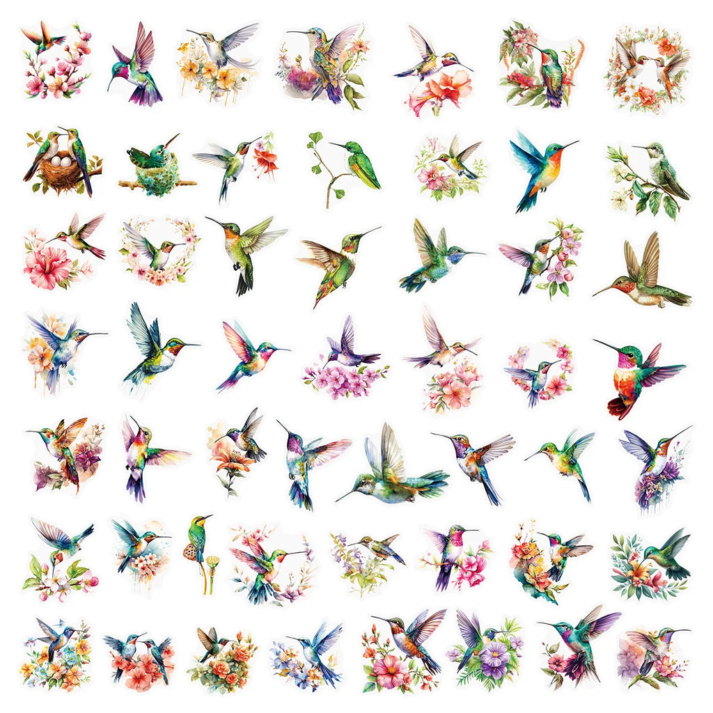 50-Pack Watercolor Hummingbird Transparent PET Stickers for Phone Case Luggage Laptop Student Stationery Waterproof Decals