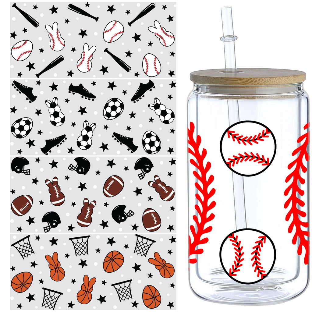 5 sheets Cartoon UV DTF Cup Stickers, DTF Friction Transfer Stickers, Waterproof Baseball Transfer Stickers for 16oz Glass Cup