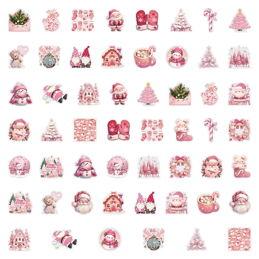 50PCS Transparent Plastic PET Pink Christmas Stickers Santa Claus Holiday Stationery Pen Holder Children's Reward Decor Stickers
