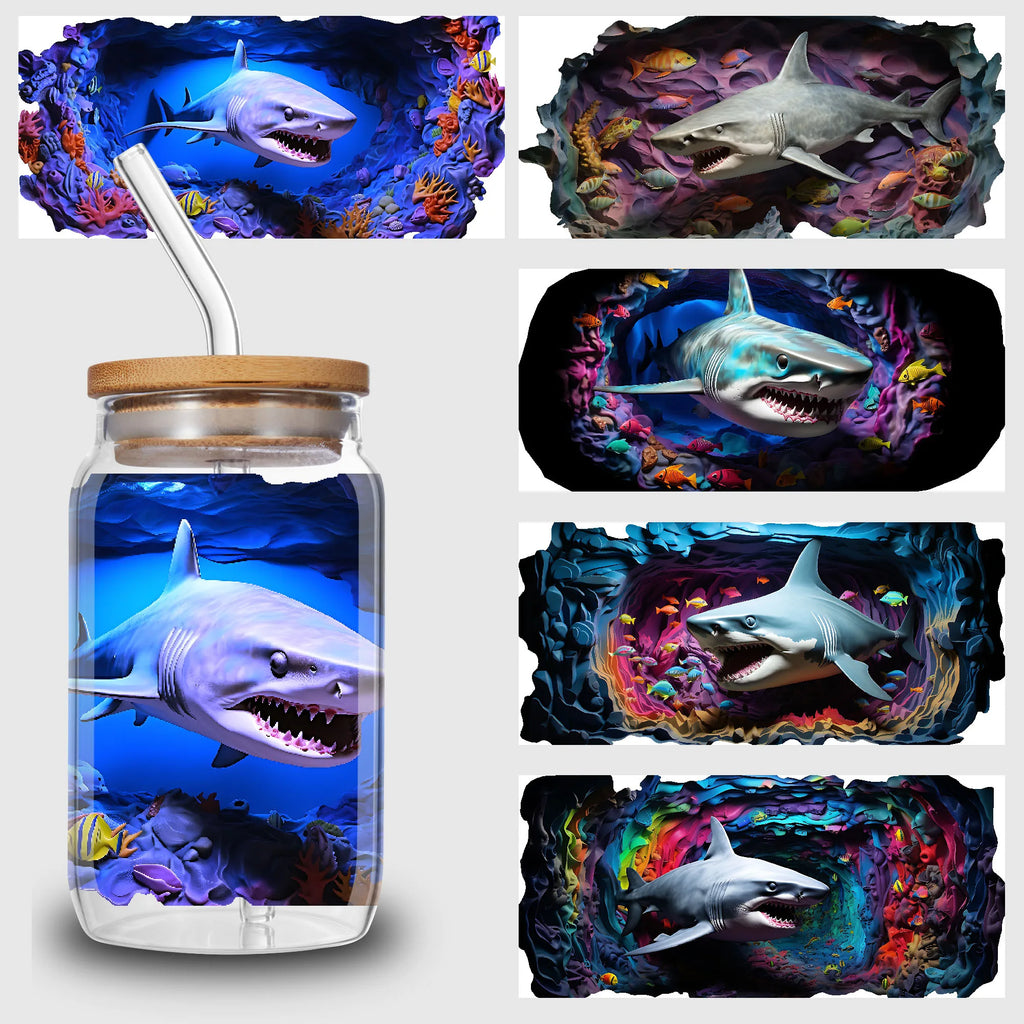 5 Sheets Shark UV DTF Cup Stickers, Glass Cup DTF Transfer Stickers, Waterproof Cartoon Wipeable Transfer Paper