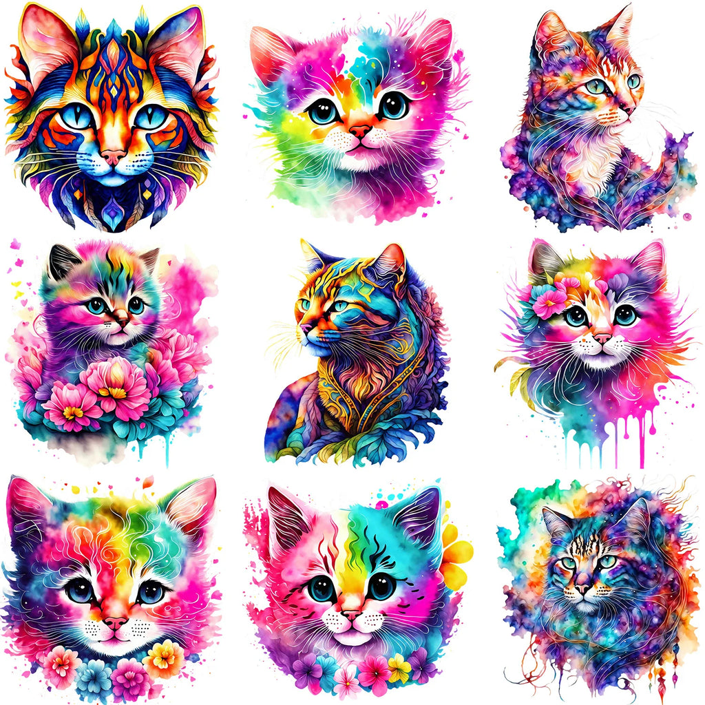 9 Pack Watercolor Cute Floral Cat Theme Pattern Iron-On Transfer Sticker Design Floral Cat Decal Heat Press Decal