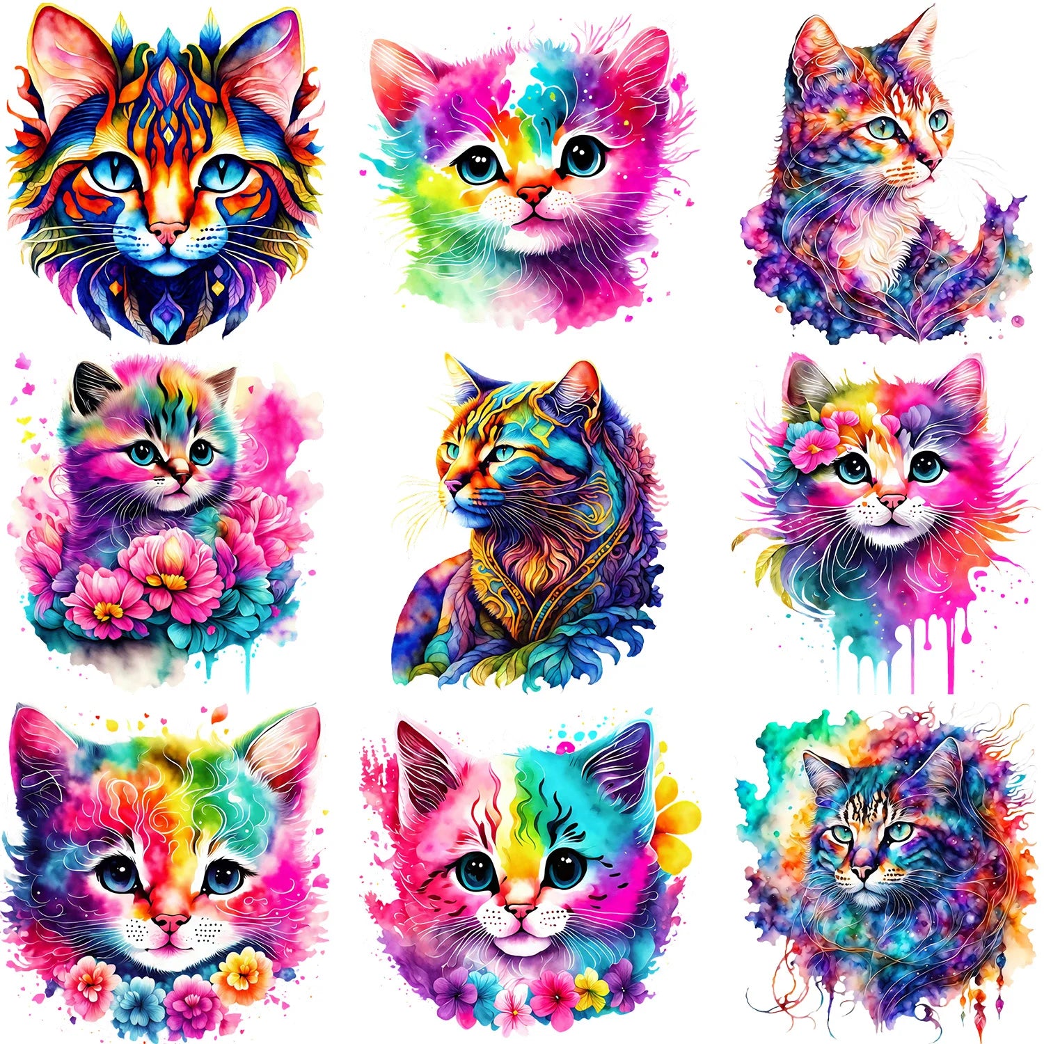 9 Pack Watercolor Cute Floral Cat Theme Pattern Iron-On Transfer Sticker Design Floral Cat Decal Heat Press Decal