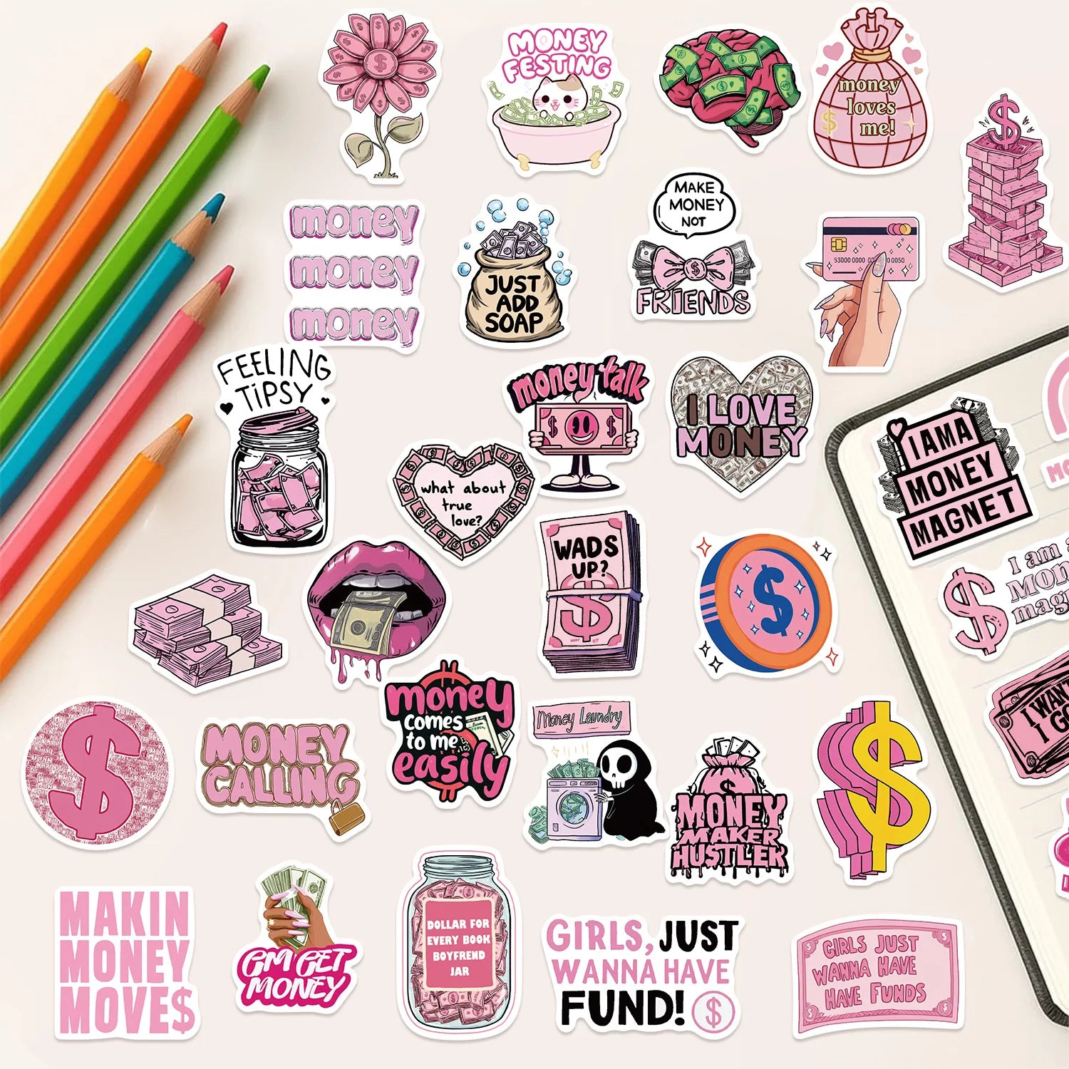 50/100PCS Cartoon Pink Coin Graffiti Stickers Decor Guitar Notebook Luggage DIY Waterproof Stationery Pen Holder Stickers