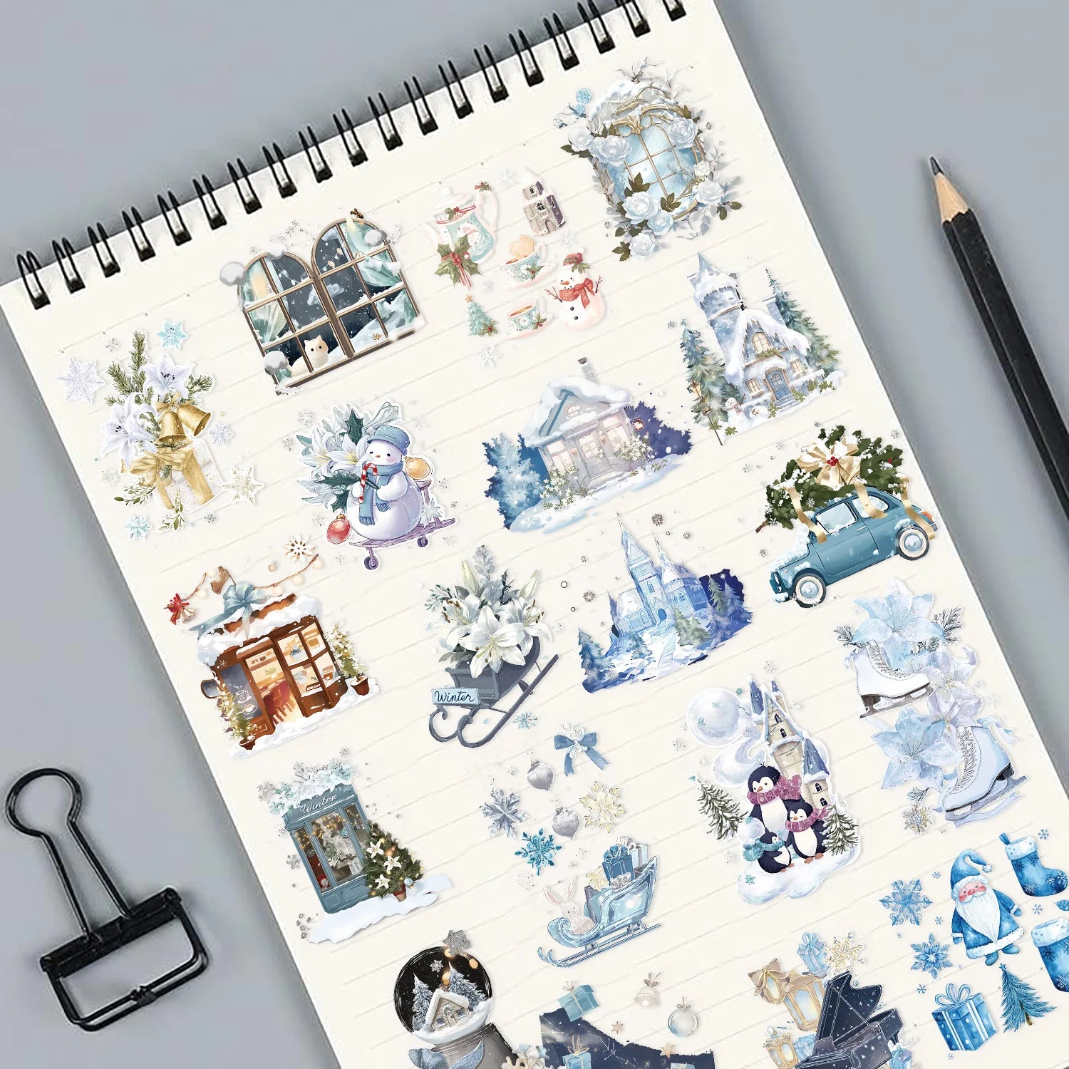 50/100 PCS Cartoon Winter Watercolor Stationery Reward Sticker Pack Waterproof Transparent PET Decorative Guitar Notebook