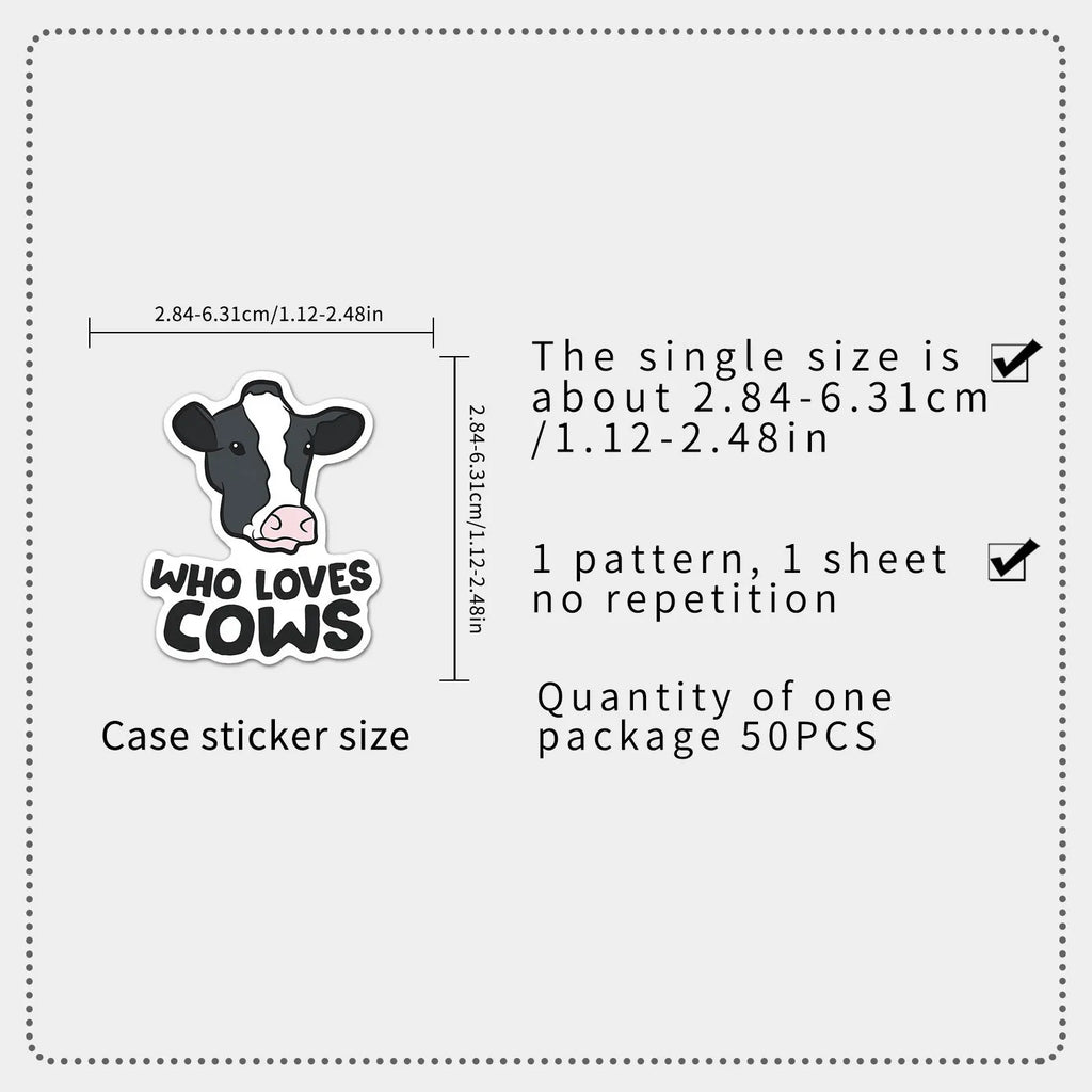 50-Pack Fun Black & White Polka Dot Cow Stickers Waterproof Decorative Stickers for Guitars Luggage Helmets Stationery Notebooks
