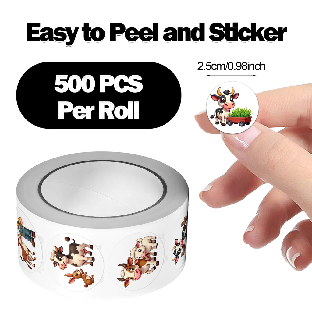 1Roll(500Pcs) Kawaii Little Cow and Farm Friends Stickers 2.5cm/1.0'' 10 Designs Decals Diy Adorn Gifts Package Sealing Labels