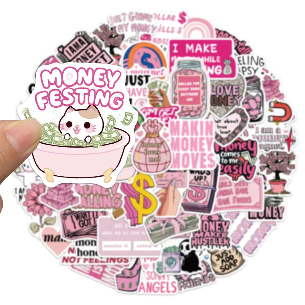 50PCS Money Pink Fun Stickers DIY Manual Speaker Decorative Bag Notebook Water Cup Label Stickers
