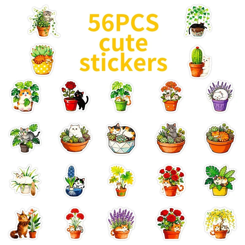 10/30/56PCS Fresh Flower Cat PVC Sticky Sticker Stationery DIY Children's Laptop Luggage Skateboard Decoration Scrapbooking