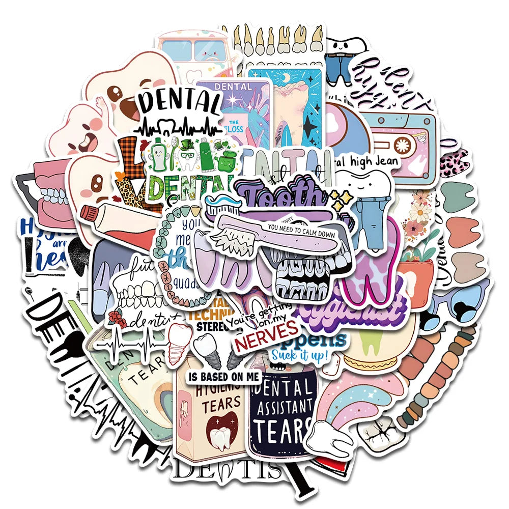 50PCS Dental Stickers Dentist Scrapbook Graffiti Laptop DIY Dentist Store Health Luggage Cartoon Graffiti Exquisite Stickers
