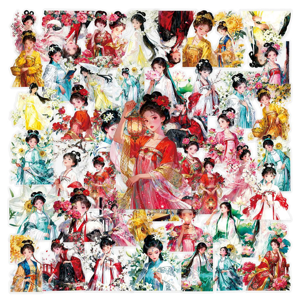 50/100PCS Transparent Stickers Cartoon Girl Hanfu Exquisite PET Notebook Account Stationery Stickers