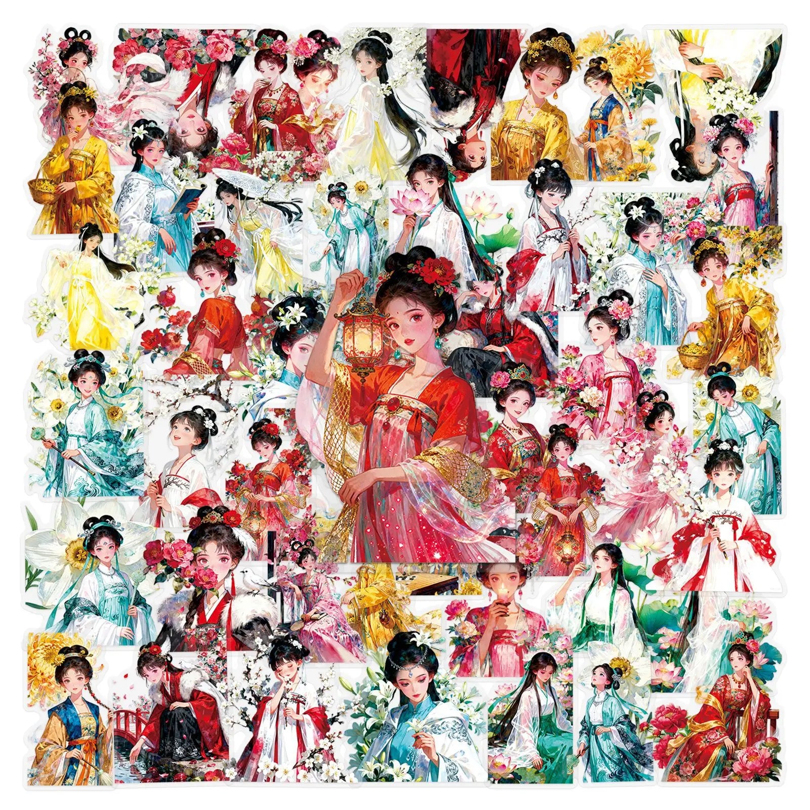 50/100PCS Transparent Stickers Cartoon Girl Hanfu Exquisite PET Notebook Account Stationery Stickers