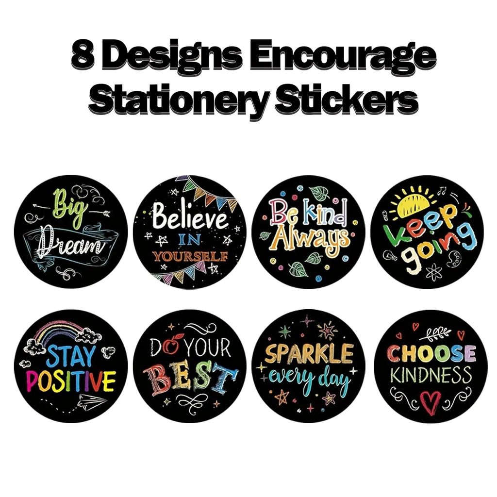 1Roll(500Pcs) Black Encourage Words Stickers 1.0'' Round 8 Designs Decal for Kids Students Teacher Reward School Supplies