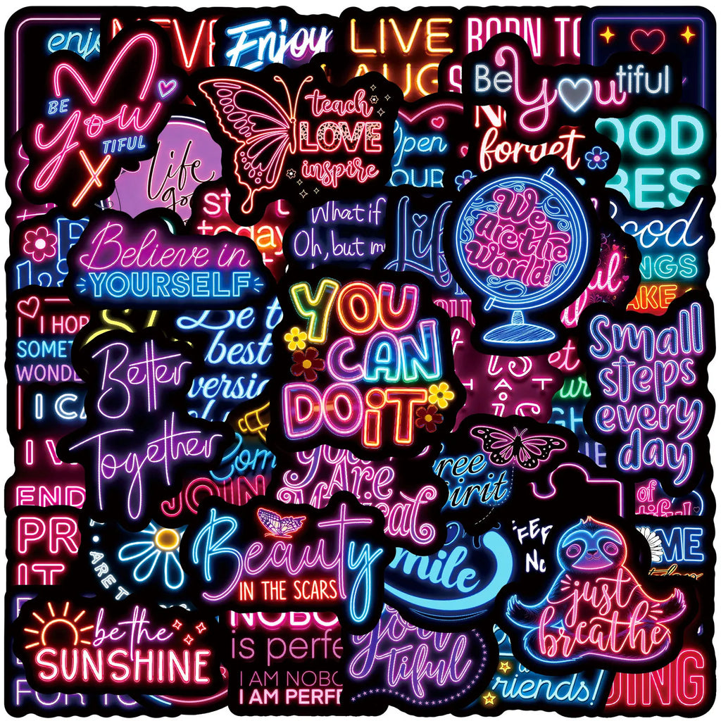 50-Pack Waterproof Neon Motivational Text Stickers for Refrigerator Helmet Skateboard Laptop Water Bottle Stationery Notebook