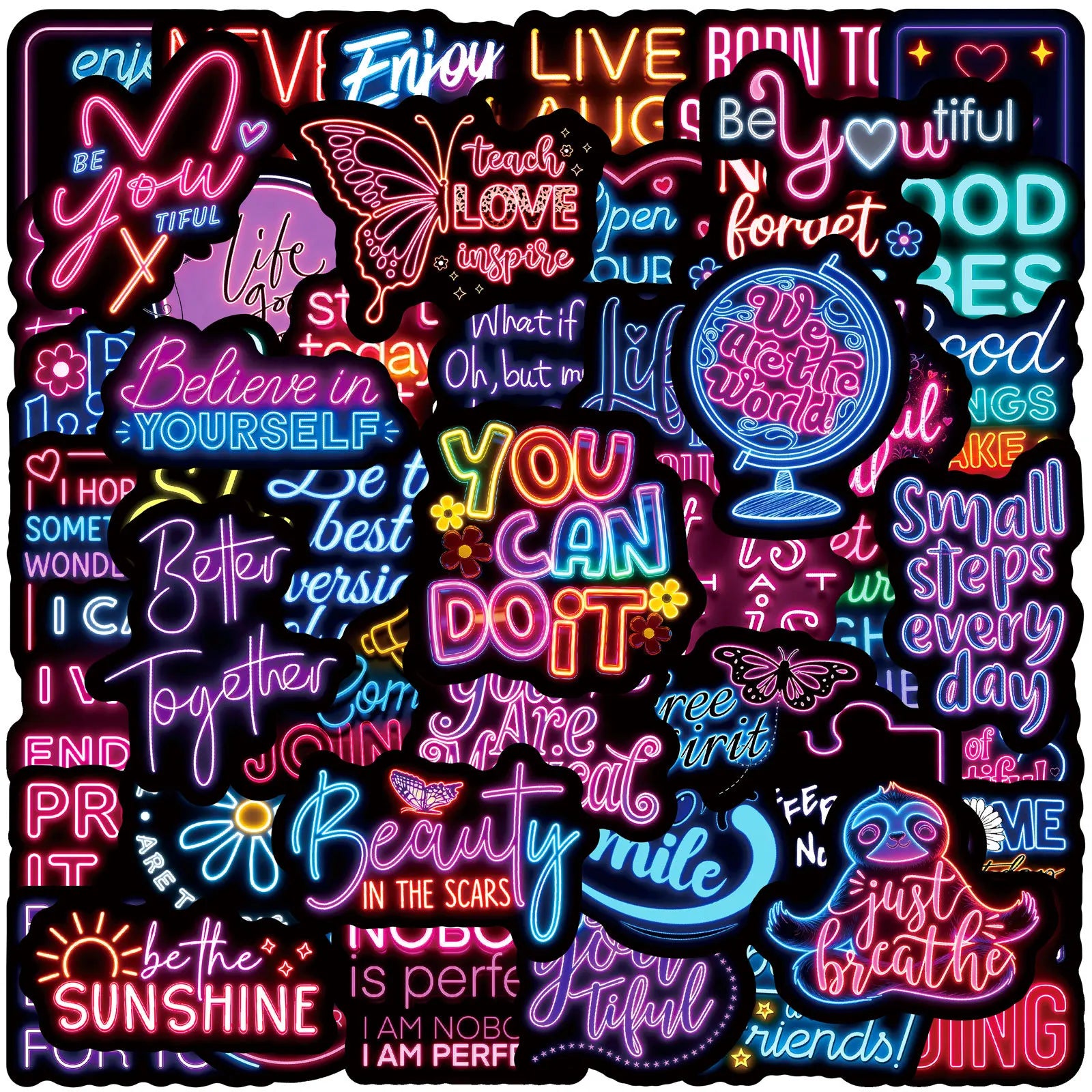 50-Pack Waterproof Neon Motivational Text Stickers for Refrigerator Helmet Skateboard Laptop Water Bottle Stationery Notebook