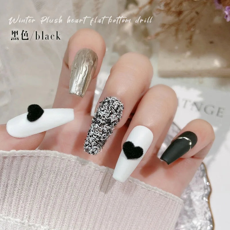 French Flocked Heart-shaped Nail Art Accessories 3D Plush Heart-shaped Nail Charms Autumn and Winter Manicure Decorations Parts