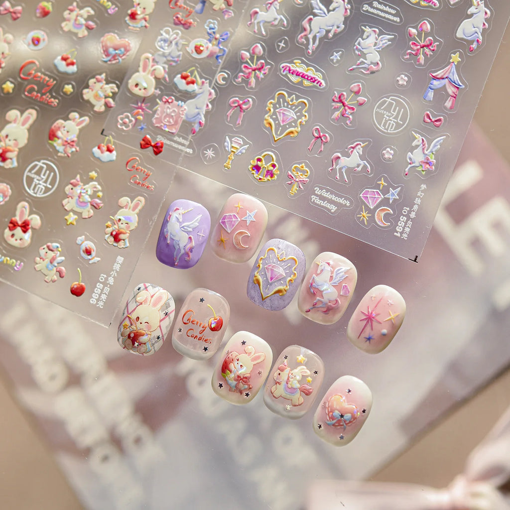 strawberry Cherry Bunny Nail Stickers Shell Light Dreaming Unicorn Nails Art Accessories Stickers Self Adhesive Nail Decals DIY