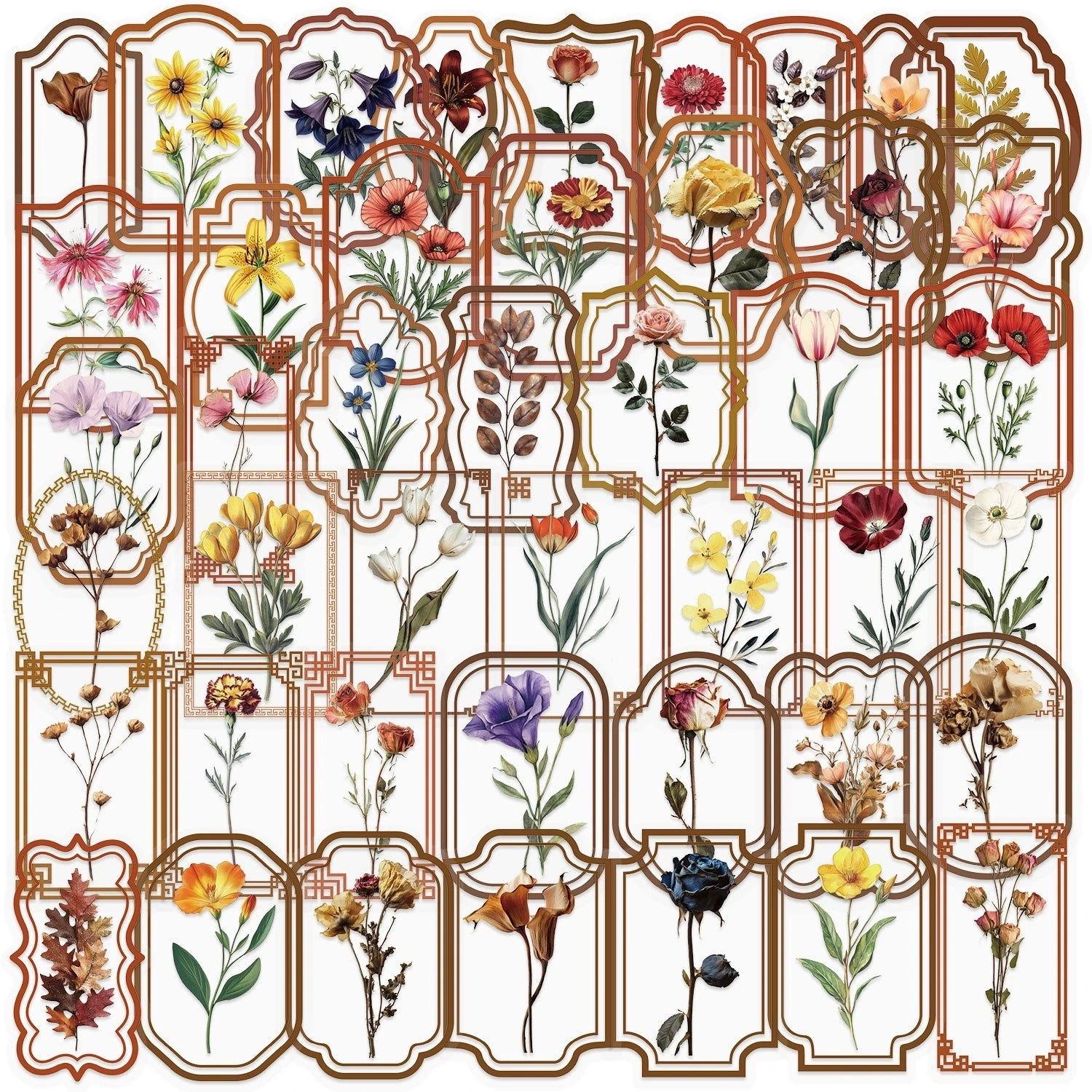 50/100PCS Retro Plant Sticker Pack Waterproof Transparent PET Stationery Box Pen Holder Glass Decor Guitar Notebook Stickers