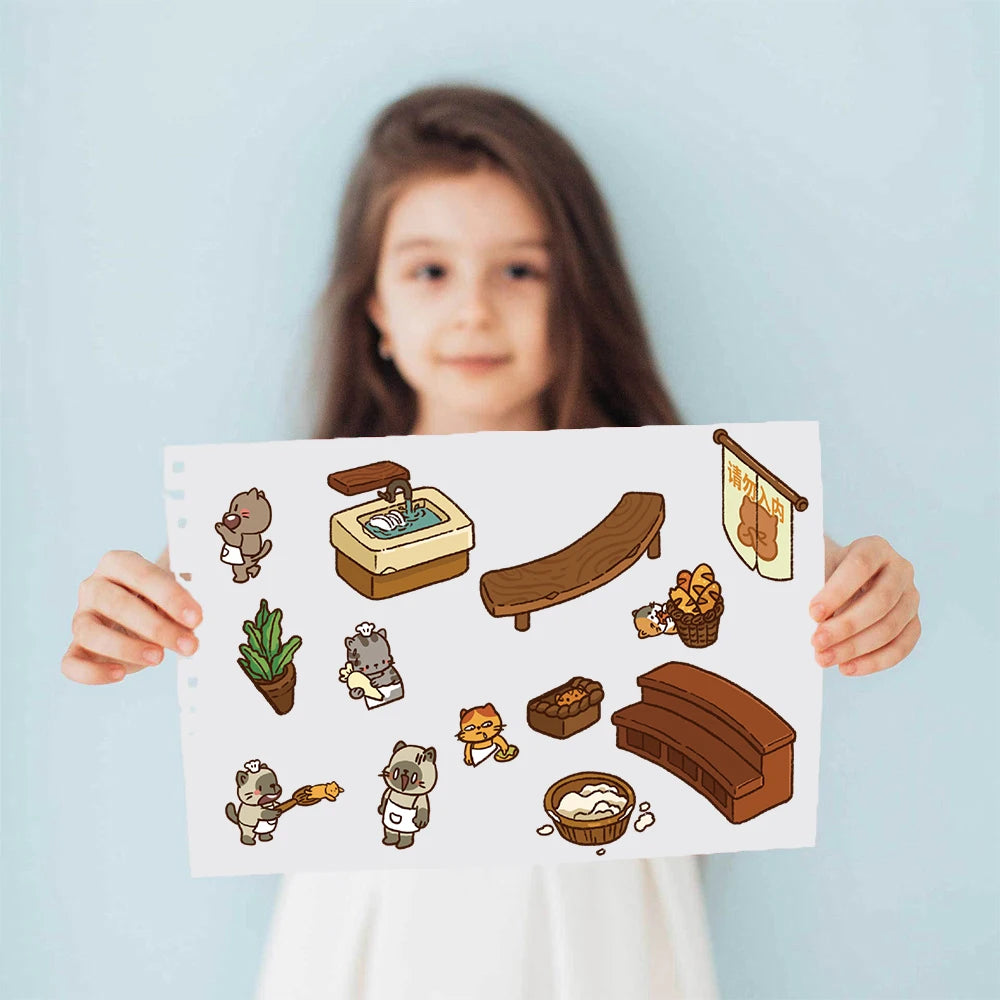 3PCS Meow Bread House Print Scenery Sticker Notebook Aesthetic Gifts Coffee Stationery Home Motorcycle Casual Gifts Stickers