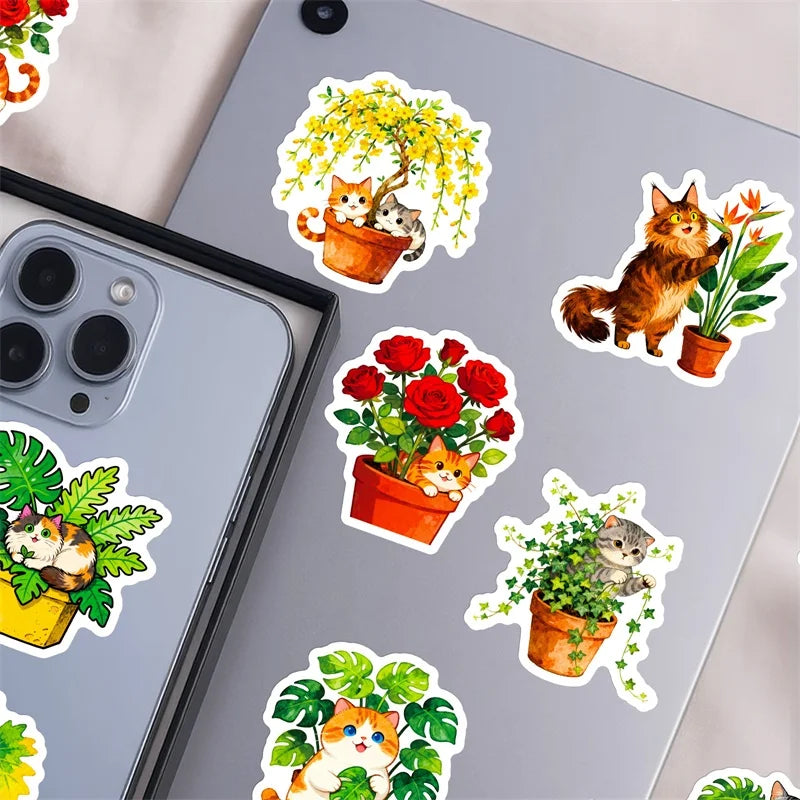 10/30/56PCS Fresh Flower Cat PVC Sticky Sticker Stationery DIY Children's Laptop Luggage Skateboard Decoration Scrapbooking