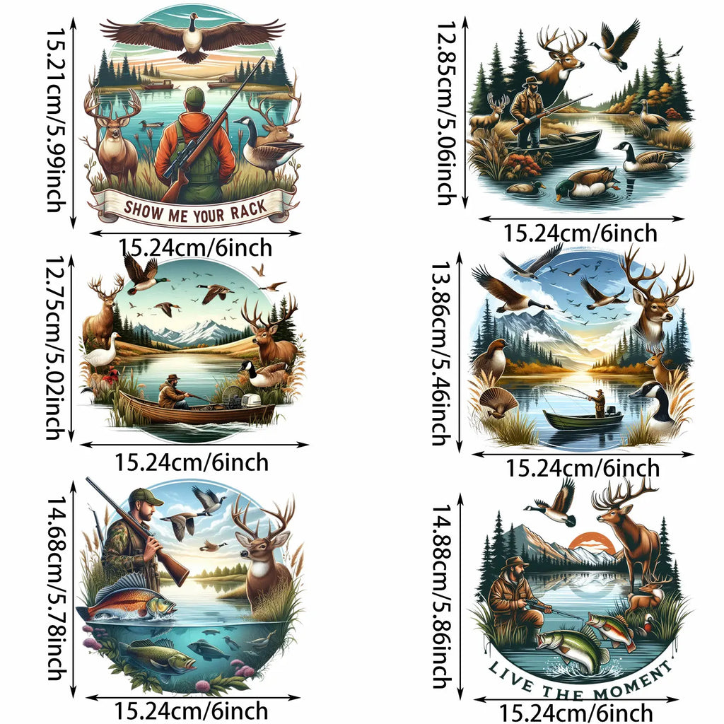 6 sheets Hunting Themed Iron-On Decals T-Shirt Heat Transfers for DIY, Deer, Fishing, Duck, T-Shirts, Masks, Jean, Backpack, Hat