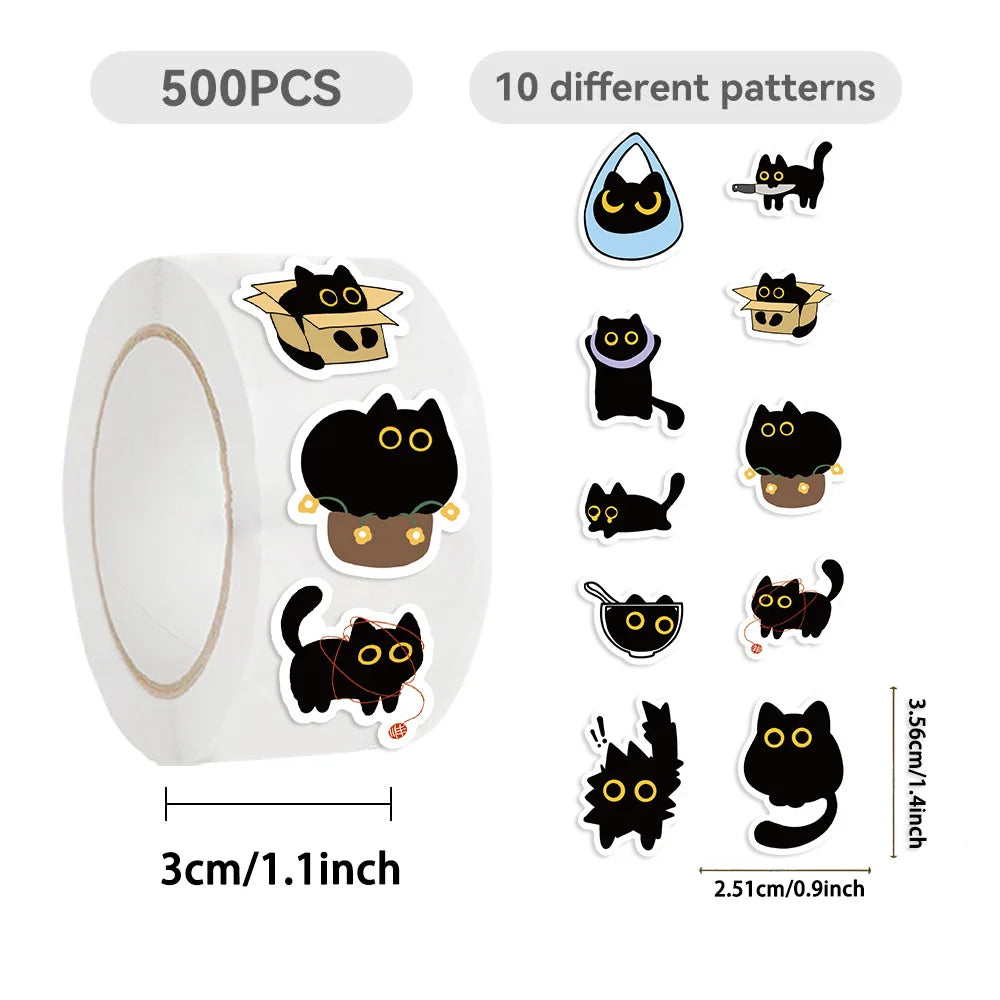 500PCS Ten Different Patterns Black Cat Roll Stickers Small Pattern Decoration DIY Luggage Skateboard Water Cup Stickers