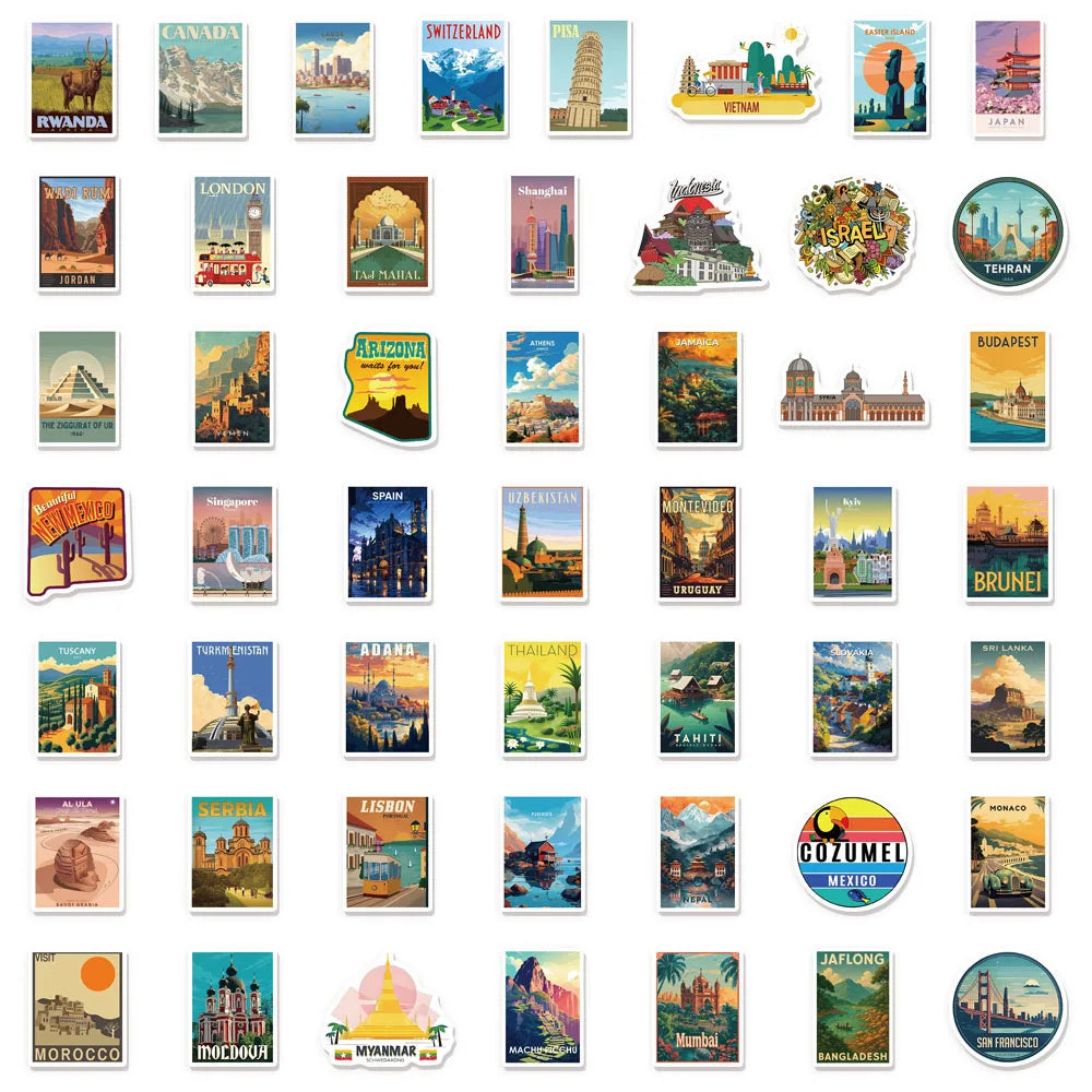 50/100PCS National Landmark Fun Stickers Manual Tags Luggage Guitar Laptop Decoration Waterproof Stickers