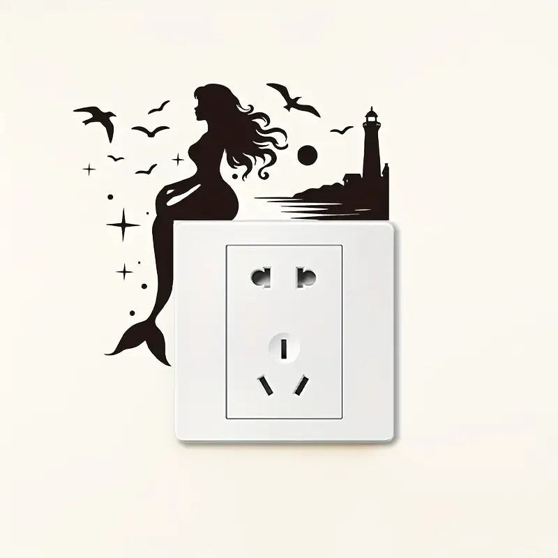 Home Decoration - Mermaid Ocean Lighthouse Black Silhouette Switch Stickers, Wall Stickers, Self Adhesive PVC Bedroom Wall Stick