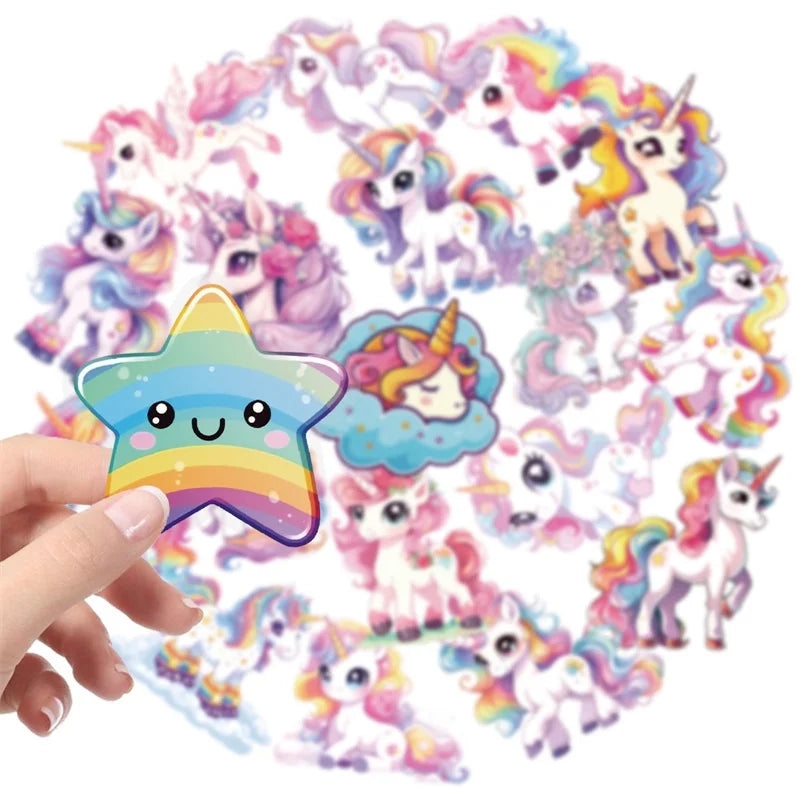 56PCS Kawaii Unicorn PET Sticky Sticker Aesthetic Tear Open DIY Colored Decoration Scrapbooking Sketchbook Supplies for Kids