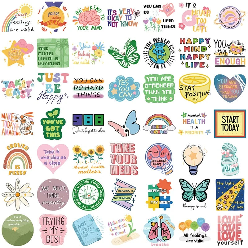 10/30/50PCS Cartoon Mental Health PVC Sticky Sticker Aesthetic DIY Stationery Decoration Scrapbooking School Supplies for Kids