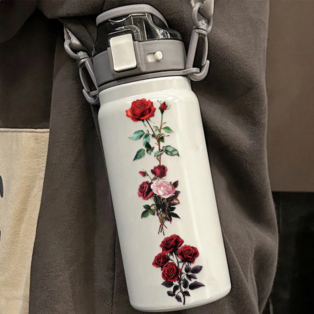 50PCS Retro Red Rose Series Decorative Fun PET Stickers Decorative Materials DIY Waterproof Tablet Computer Toy Stickers