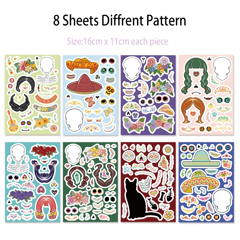 8PCS Cartoon Mexican Day of the Dead Creative Decoration DIY Phone Case Luggage Tablet Puzzle Toy Stickers