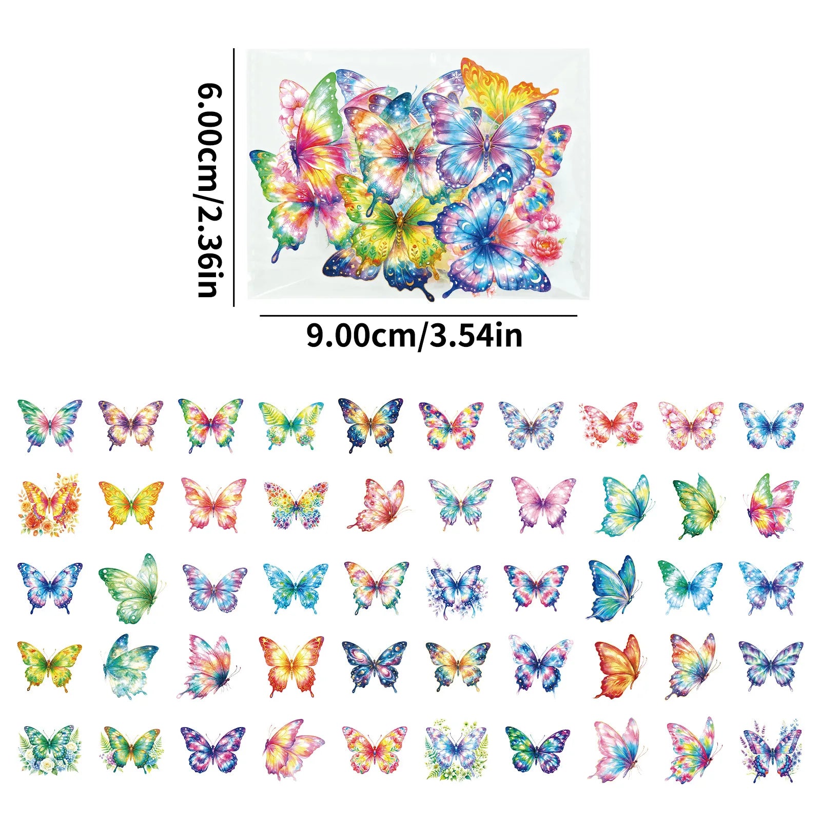 56/112PCS Watercolor Colorful Butterfly Transparent PET Stickers Dreamy Gradient Color Insect Decorative Stickers