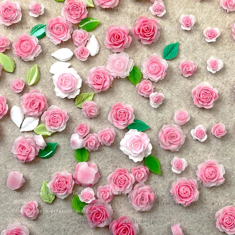 Peach-pink Flower Nail Art Accessories Luminous Camellia Red Leafs Resin Nail Charms Jewelry DIY Mixed Size Nails 3D Decorations