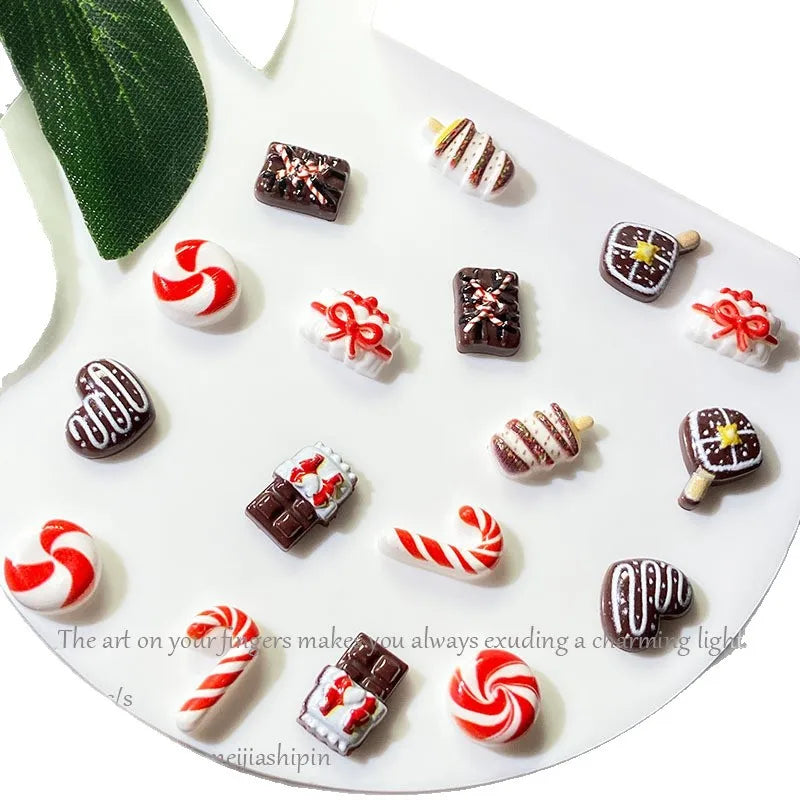 10pc Christmas Chocolate Candy Nail Charms Cute Simulation Series Food Play Cake Nails Accessories DIY Rhiestones Nails Decorati