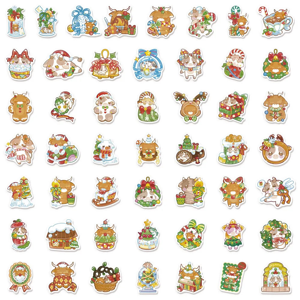 50PCS Christmas Cute Shining Little Cow Sticker Manual Laptop Guitar Luggage Bicycle Skateboard Waterproof Sticker Toy