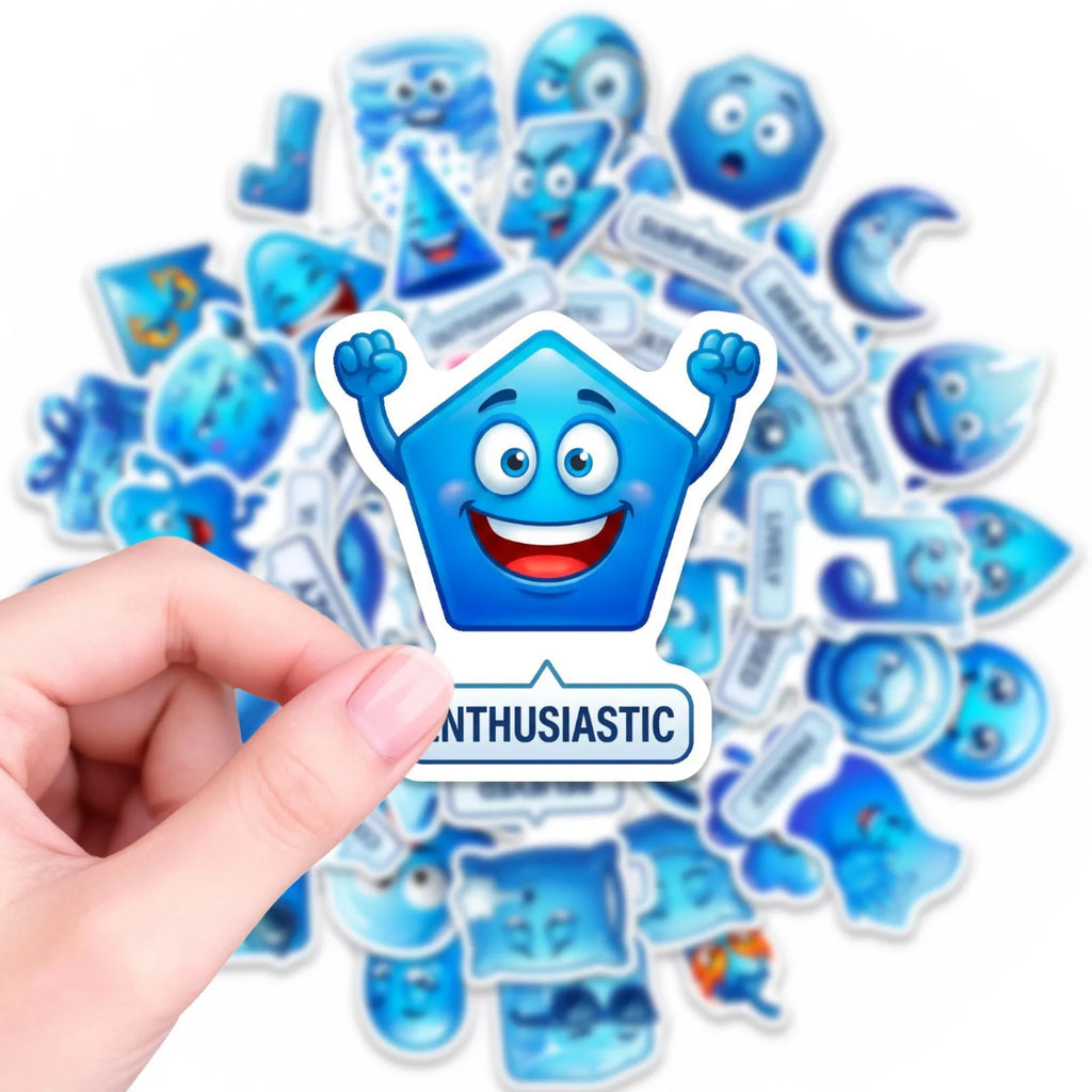 50/100 Pcs Blue Mood Management Stickers Cartoon Emoji Alphabet for Game Phone Toy Shelf File Holder Laptop Decals
