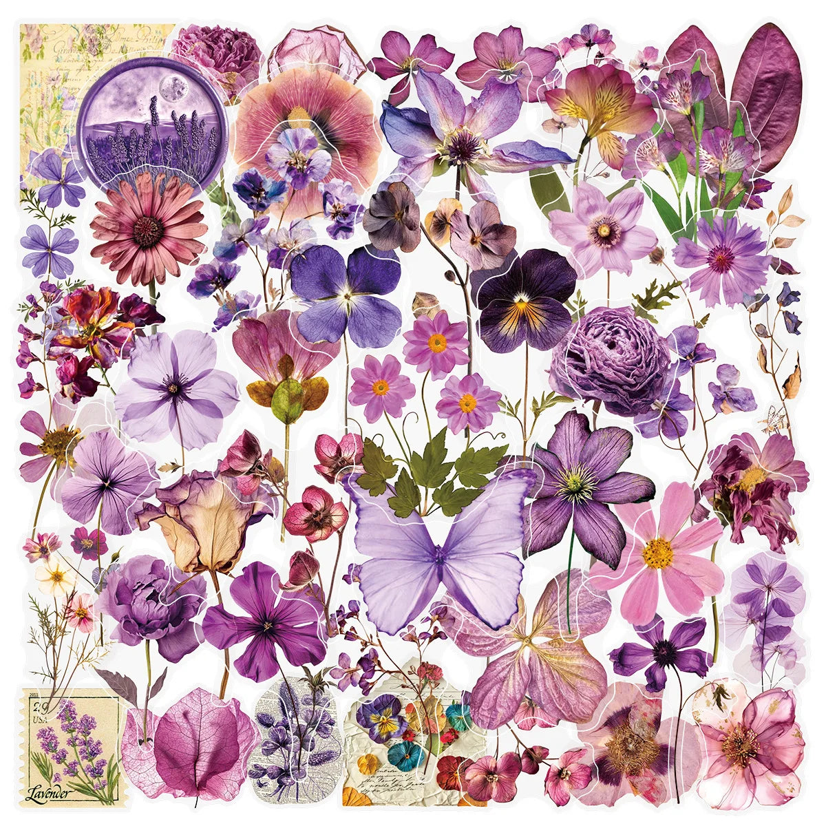 50/100PCS Transparent PET Purple Flower Stickers Pen Holder Notebook Tablet Water Cup Stationery Decorative Waterproof Stickers