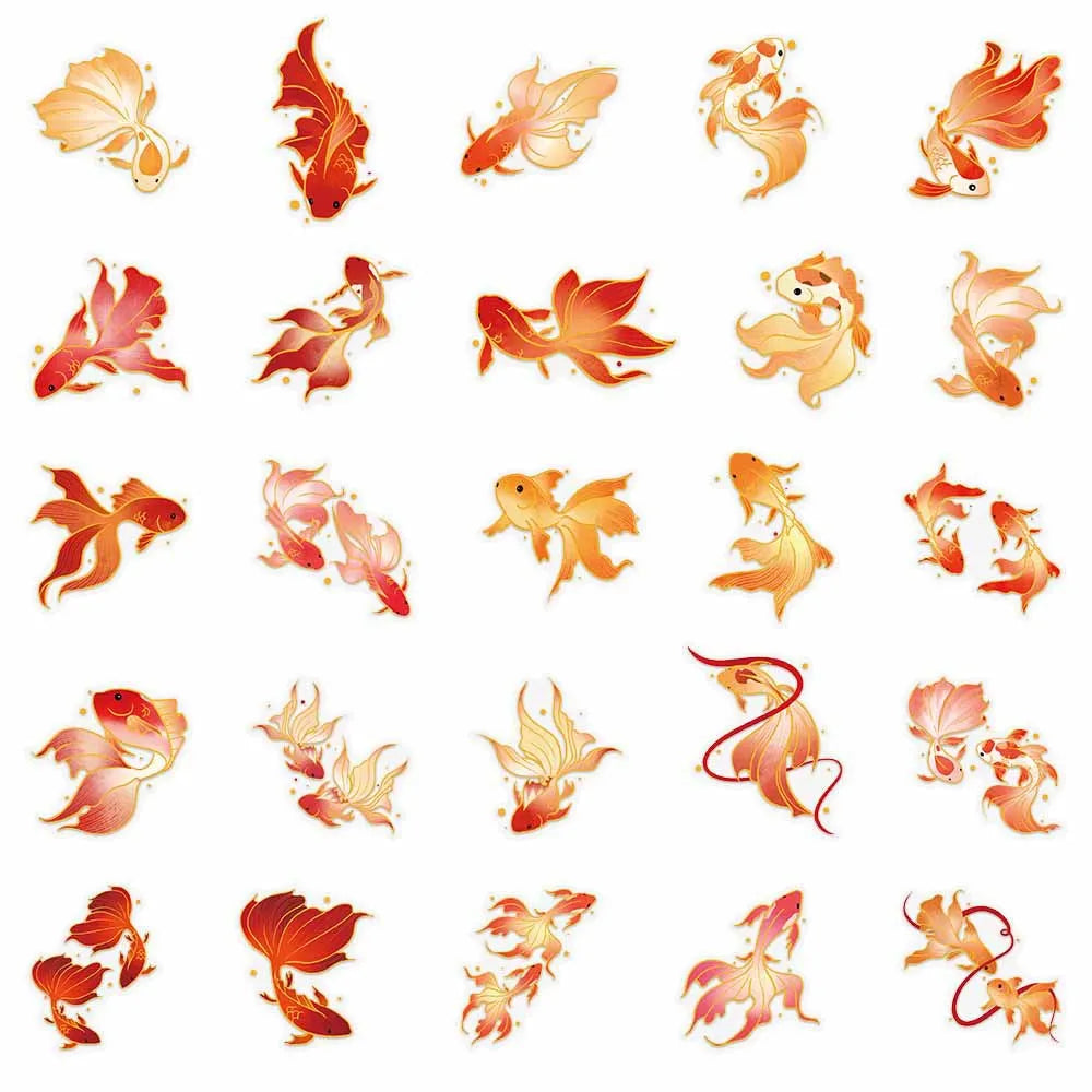 50-Pack Gold Foil Koi Fish Stickers Waterproof Decorative Stickers for Cups Stationery Notebooks DIY Crafts