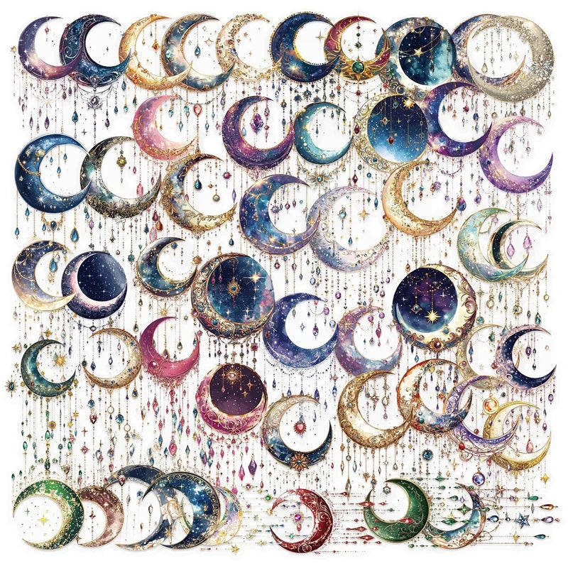 50PCS Dreamy Starry Moon PET Sticky Sticker Aesthetic Tear Open DIY Decoration Scrapbooking School Stationery Supplies for Kids