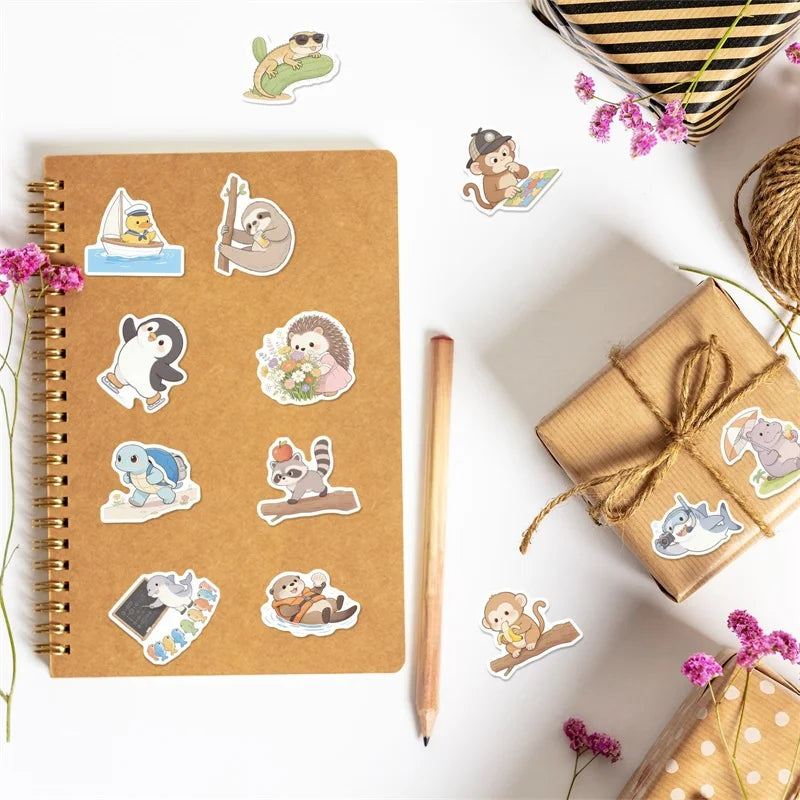 10/30/56PCS Watercolor Animals PVC Sticky Sticker Stationery DIY Children's Laptop Luggage Skateboard Decoration Scrapbooking