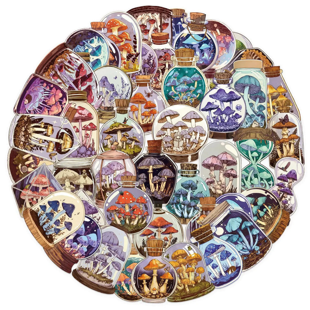 50/100PCS Transparent PET Cartoon Retro Mushroom Bottle Sticker Pack Waterproof Decorative Guitar Notebook Stickers